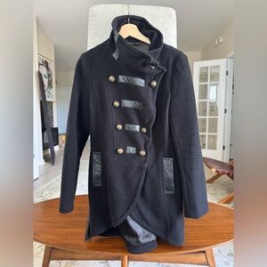 Mackage Black Military Style Wool Coat High Collar Leather Trim Size Medium